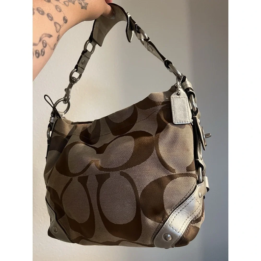 y2k‎ Coach Carly brown/tan signature canvas handbag with silver hardware Medium